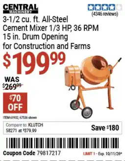 Harbor Freight Tools Central Machinery 3-1/2 cu. ft. All-Steel Cement Mixer offer