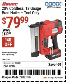 Harbor Freight Tools Ryobi 20V cordless 18 gauge brad nailer -Tool only offer