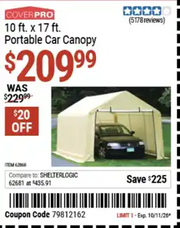 Harbor Freight Tools Cover Pro 10 ft. x 17 ft. Portable car canopy offer