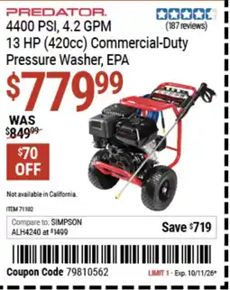 Harbor Freight Tools Predator 100 PSI ,4.2 GPM 13 Hp Commercial-Duty Pressure Washer offer