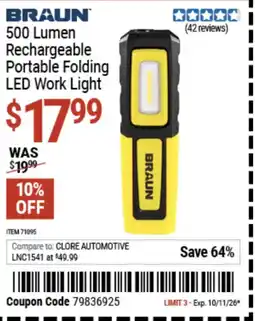 Harbor Freight Tools Braun 500 Lumen Rechargeable Portable Folding LED Work Light offer