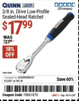 Harbor Freight Tools Quinn 3/8 in. Drive Low-Profile Sealed-Head Ratchet offer