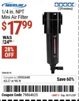 Harbor Freight Tools Merlin 1/4 in. Npt Mini Air Filter offer