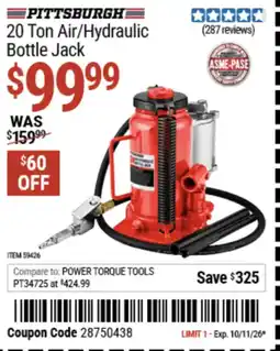 Harbor Freight Tools Pittsburgh 20 Ton Air/Hydraulic Bottle Jack offer