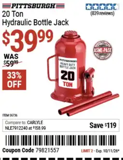 Harbor Freight Tools Pittsburgh 20 Ton Hydraulic Bottle Jack offer
