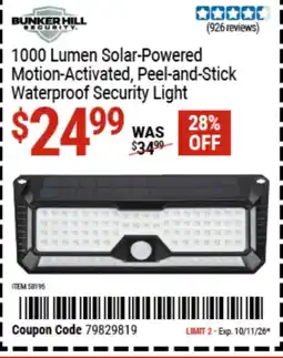 Harbor Freight Tools Bunker Hill 1000 Lumen Solar-Powered Motion-Activated, Peel-and-Stick Waterproof Security Light offer