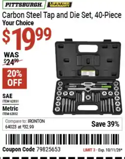 Harbor Freight Tools Pittsburgh carbon steel tap and die set offer
