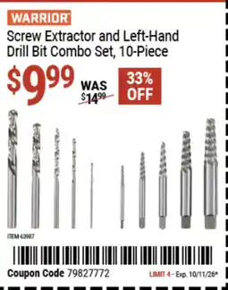 Harbor Freight Tools Warrior screw extractor and left-hand drill bit combo set offer