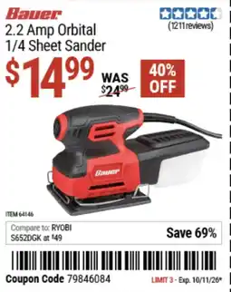 Harbor Freight Tools Bauer 2.2 Amp Orbital 1/4 Sheet Sander offer