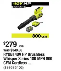 The Home Depot Ryobi 40v Hp Brushless Whisper Series 180 Mph 800 Cfm Cordless offer
