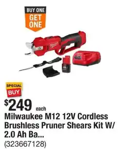 The Home Depot Milwaukee M12 12V Cordless Brushless Pruner Shears Kit offer