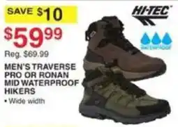 Dunham's Sports Hi-Tec men's traverse pro or ronan mid waterproof hikers offer
