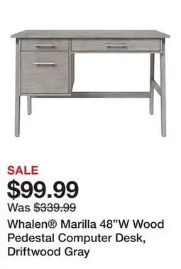 Office Depot Whalen Marilla 48W Wood Pedestal Computer Desk, Driftwood Gray offer