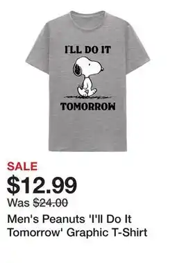 Belk Men's Peanuts 'I'll Do It Tomorrow' Graphic T-Shirt offer