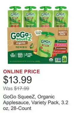 Costco GoGo SqueeZ, Organic Applesauce, Variety Pack, 3.2 oz, 28-Count offer
