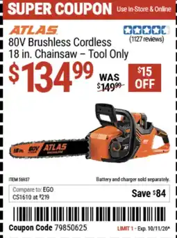 Harbor Freight Tools 80V Brushless Cordless 18 in. Chainsaw - Tool Only offer