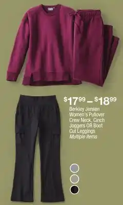 BJ’s Berkley Jensen Women's Pullover Crew Neck, Cinch Joggers Or Boot Cut Leggings offer
