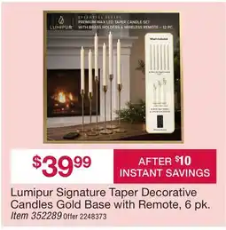 BJ’s Lumipur Signature Taper Decorative Candles Gold Base with Remote, 6 pk offer
