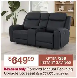 BJ’s Concord Manual Reclining Console Loveseat offer