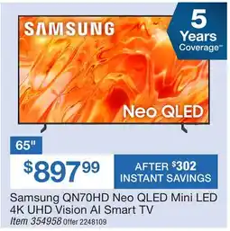 BJ’s Samsung 65 QN70HD Neo QLED Mini LED 4K UHD Vision AI Smart TV offer