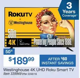 BJ’s 50 Westinghouse 4K UHD Roku Smart TV offer