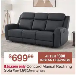 BJ’s Concord Manual Reclining Sofa offer