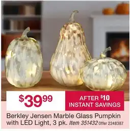 BJ’s Berkley Jensen Marble Glass Pumpkin with LED Light, 3 pk offer