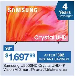 BJ’s Samsung 98 U9000HD Crystal UHD 4K Vision AI Smart TV offer