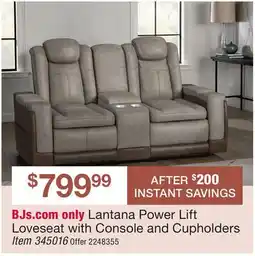 BJ’s Lantana Power Lift Loveseat with Console and Cupholders offer
