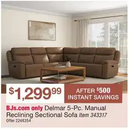 BJ’s Delmar 5-Pc. Manual Reclining Sectional Sofa offer