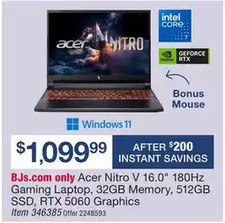 BJ’s Acer Nitro V 16.0 180Hz Gaming Laptop, 32GB Memory, 512GB SSD, RTX 5060 Graphics offer