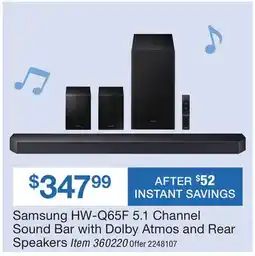 BJ’s Samsung HW-Q65F 5.1 Channel Sound Bar with Dolby Atmos and Rear Speakers offer