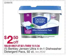 BJ’s (1) Berkley Jensen Ultra 4-in-1 Dishwasher Detergent Pacs offer