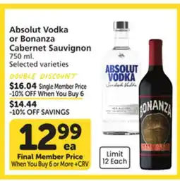 Albertsons Absolut Vodka or Bonanza Cabernet Sauvignon offer