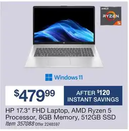 BJ’s HP 17.3 FHD Laptop, AMD Ryzen 5 Processor, 8GB Memory, 512GB SSD offer