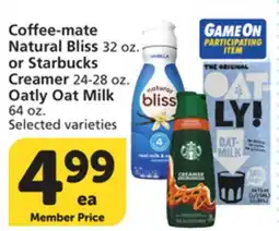 Albertsons Coffee-mate Natural Bliss 32 oz. or Starbucks Creamer 24-28 oz. Oatly Oat Milk 64 oz offer