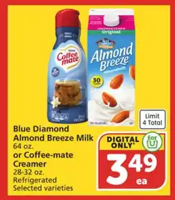 Albertsons Blue Diamond Almond Breeze Milk 64 oz. or Coffee-mate Creamer 28-32 oz offer