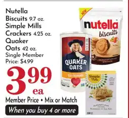 Pavilions Nutella Biscuits 9.7 oz. Simple Mills Crackers 4.25 oz. Quaker Oats 42 oz offer