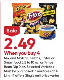 Stater Bros Cheetos, Fritos or Smartfood 5.5 to 10 oz. or Fritos Bean Dip 9 oz offer