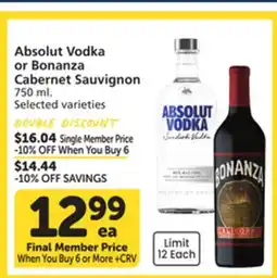 Vons Absolut Vodka or Bonanza Cabernet Sauvignon offer