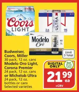 Vons Budweiser, Coors, Miller, Modelo Oro Light, Corona Premier, Michelob Ultra offer
