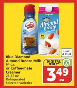 Vons Blue Diamond Almond Breeze Milk 64 oz. or Coffee-mate Creamer 28-32 oz offer