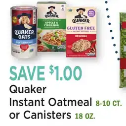 Heinen's Quaker Instant Oatmeal 8-10 CT or Canisters 18 OZ offer