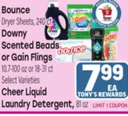 Tony’s Fresh Market Bounce, Downy Scented Beads or Gain Flings, Cheer Liquid Laundry Detergent offer