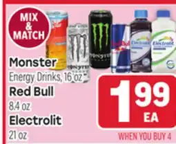 Tony’s Fresh Market Monster Energy Drinks, 16 oz Red Bull, 8.4 oz Electrolit, 21 oz offer