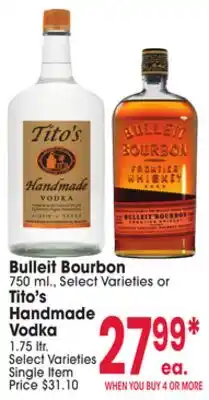 Jewel-Osco Bulleit Bourbon 750 ml., Select Varieties or Tito's Handmade Vodka 1.75 ltr offer