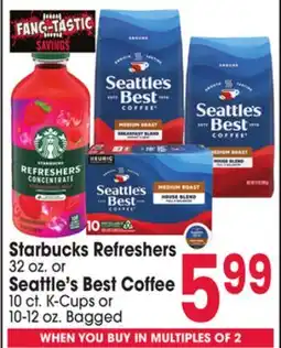Jewel-Osco Starbucks Refreshers 32 oz. or Seattle's Best Coffee 10 ct. K-Cups or 10-12 oz. Bagged offer