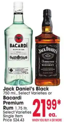 Jewel-Osco Jack Daniel's Black 750 ml or Bacardi Premium Rum 1.75 ltr offer