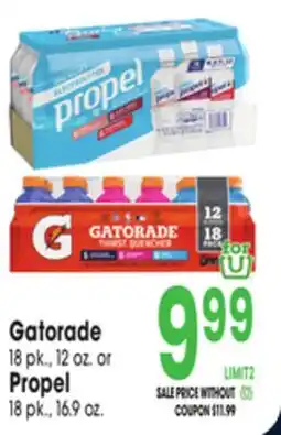 Jewel-Osco Gatorade, 18 pk., 12 oz. or Propel, 18 pk., 16.9 oz offer