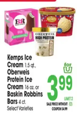 Jewel-Osco Kemps Ice Cream 1.5 qt., Oberweis Protein Ice Cream 16 oz. or Baskin Robbins Bars 4 ct offer